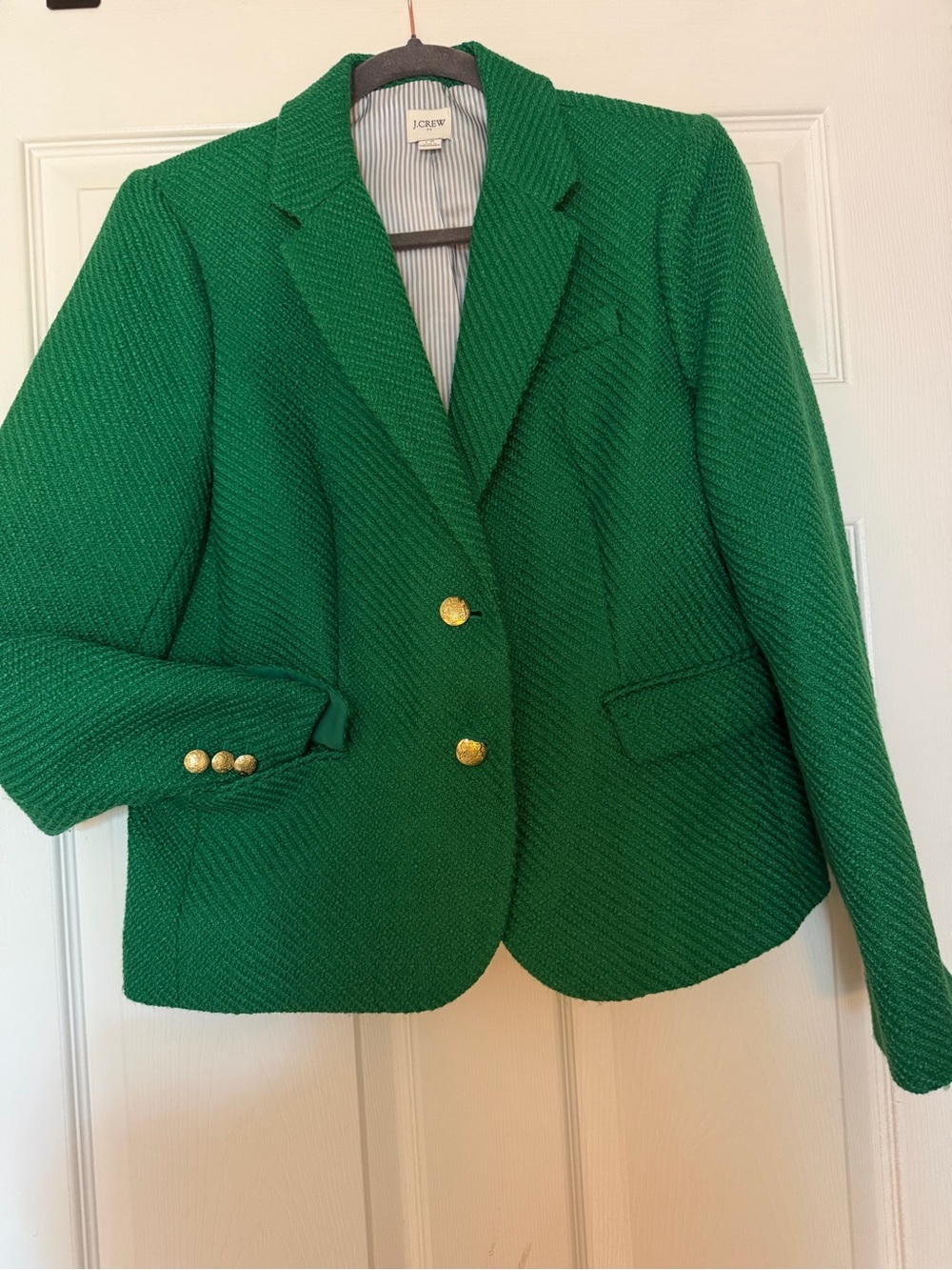J. Crew Factory Kelly Green Blazer with Gold Buttons, Pockets and Striped Lining - Picture 2 of 7